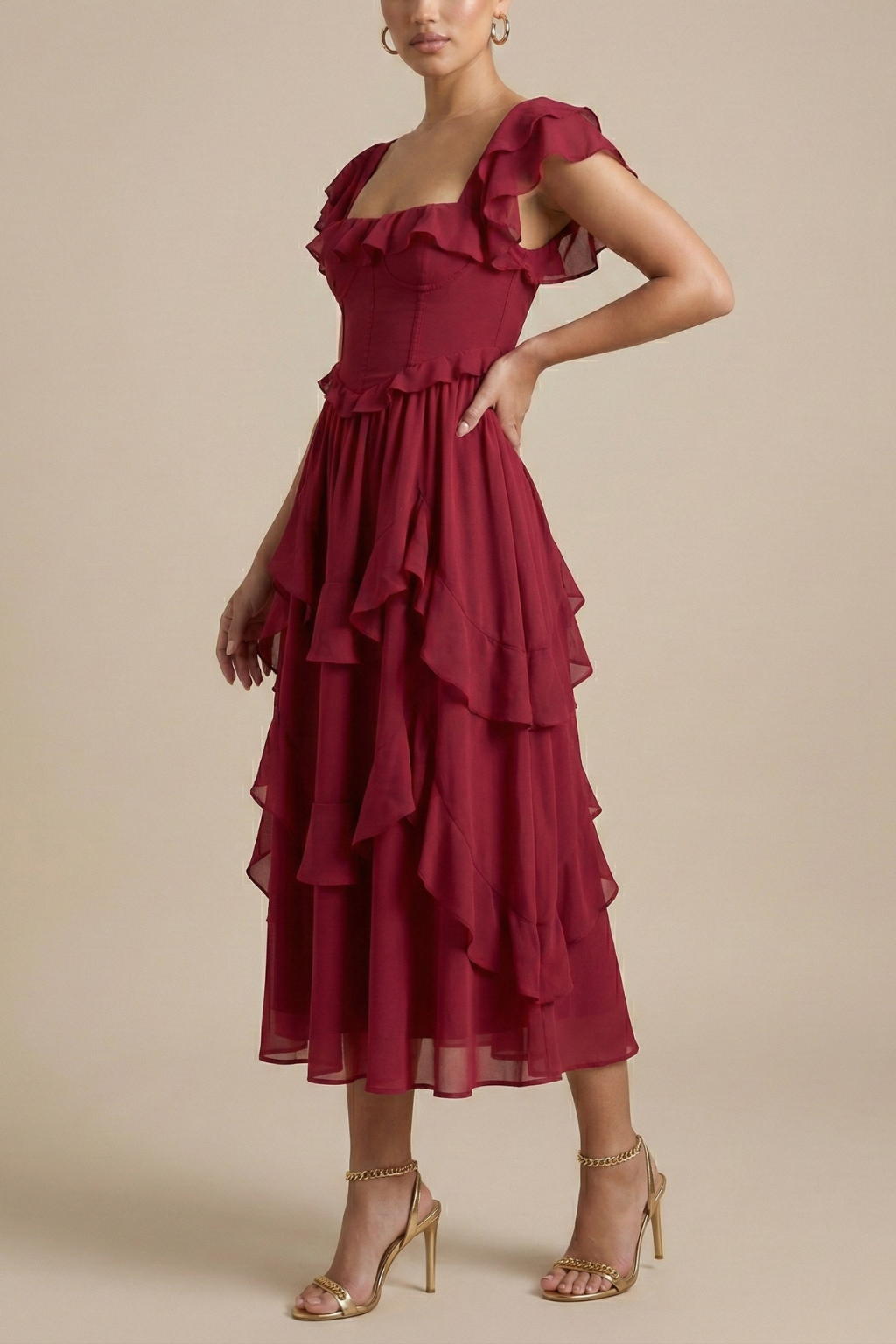 Women's Elegant Layered Ruffle Midi Dress | Romantic Flutter Sleeve Cocktail Dress 1