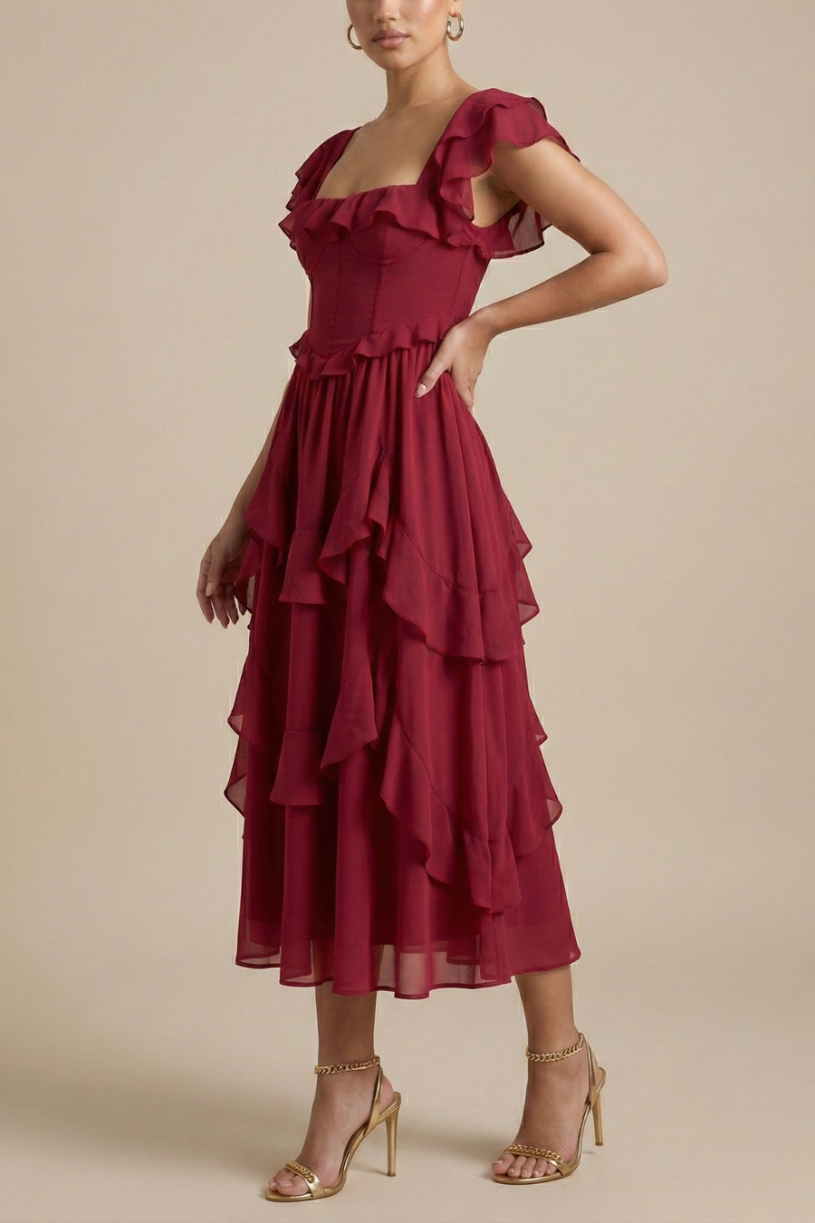 Women's Elegant Layered Ruffle Midi Dress | Romantic Flutter Sleeve Cocktail Dress 1