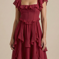 Women's Elegant Layered Ruffle Midi Dress | Romantic Flutter Sleeve Cocktail Dress 2