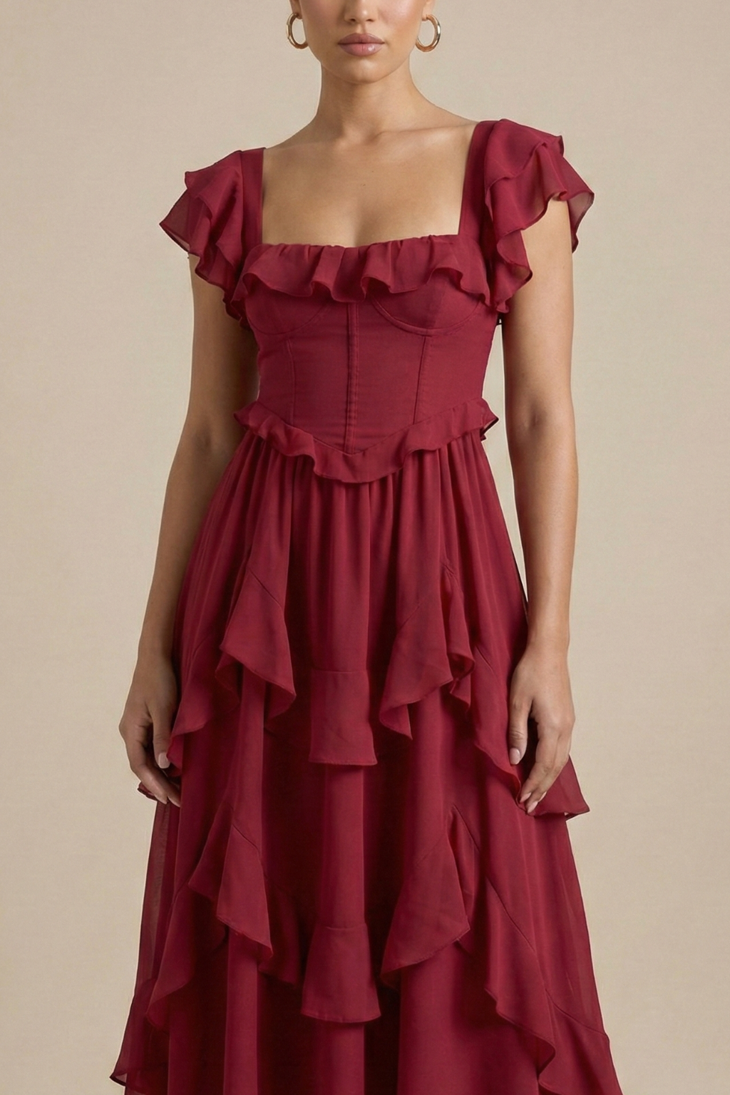 Women's Elegant Layered Ruffle Midi Dress | Romantic Flutter Sleeve Cocktail Dress 2