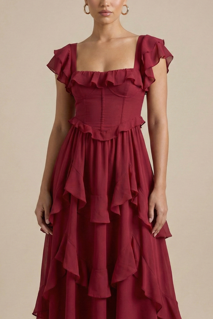 Women's Elegant Layered Ruffle Midi Dress | Romantic Flutter Sleeve Cocktail Dress 2