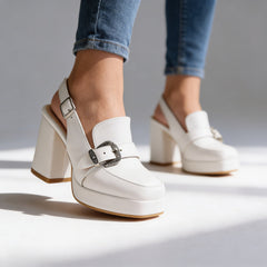 Women's Elegant Leather Platform Loafers | Chic Slingback Block Heel Shoes 0