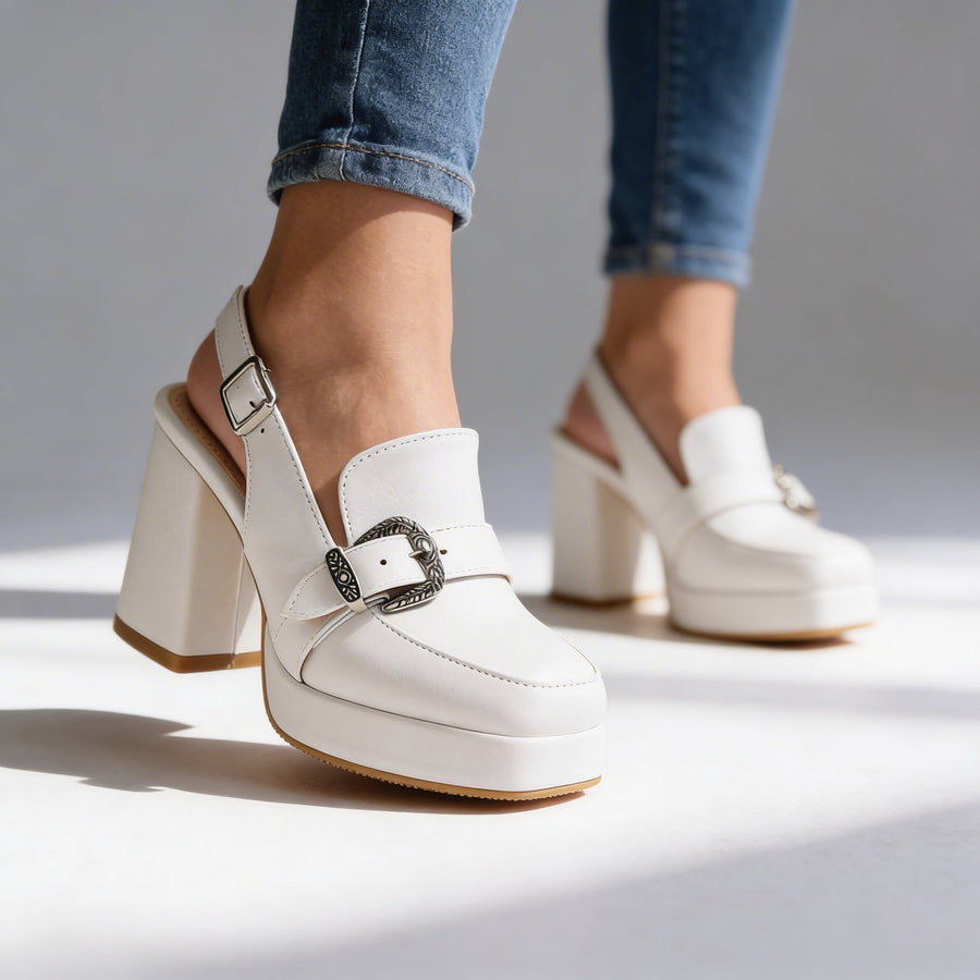Women's Elegant Leather Platform Loafers | Chic Slingback Block Heel Shoes 0