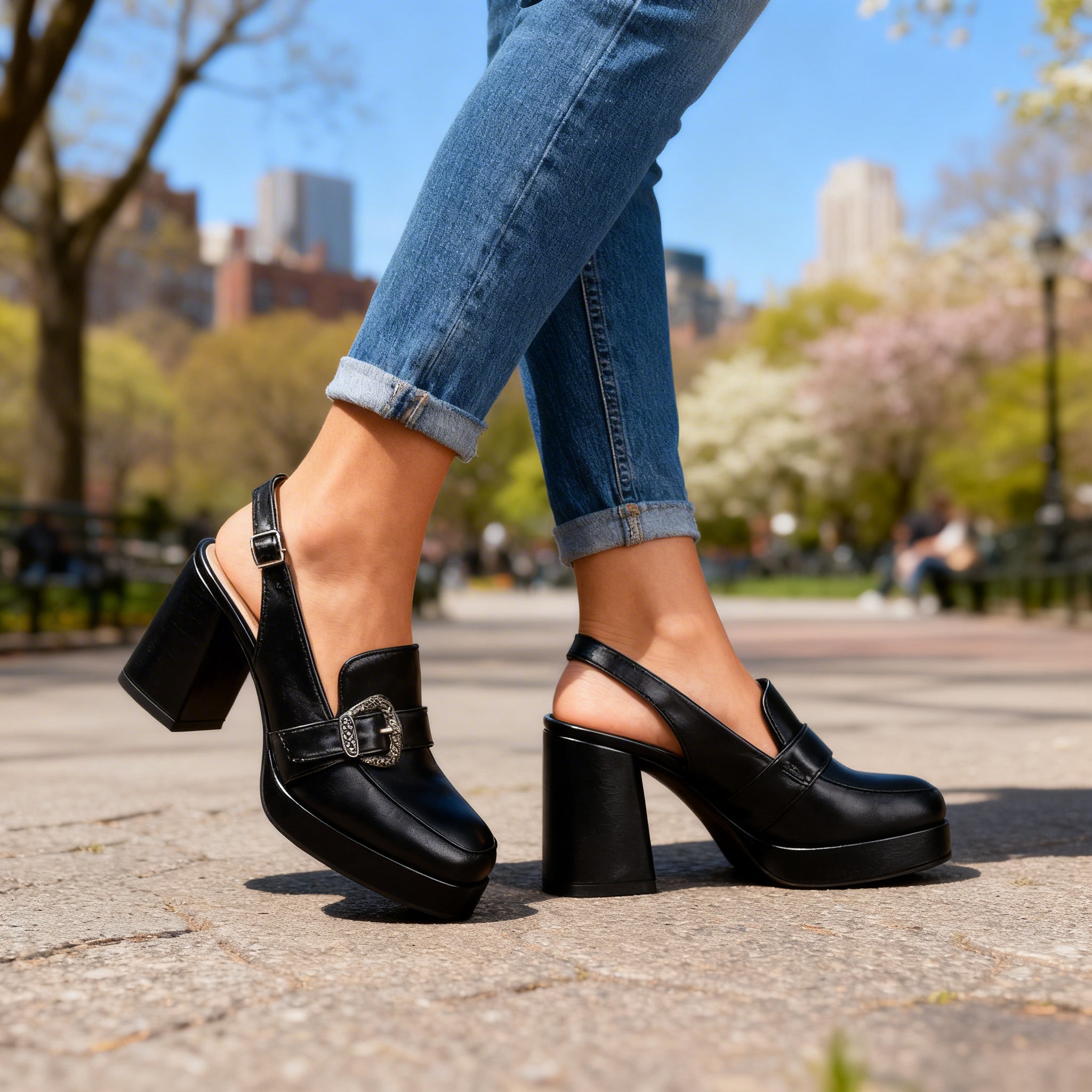 Women's Elegant Leather Platform Loafers | Chic Slingback Block Heel Shoes 3