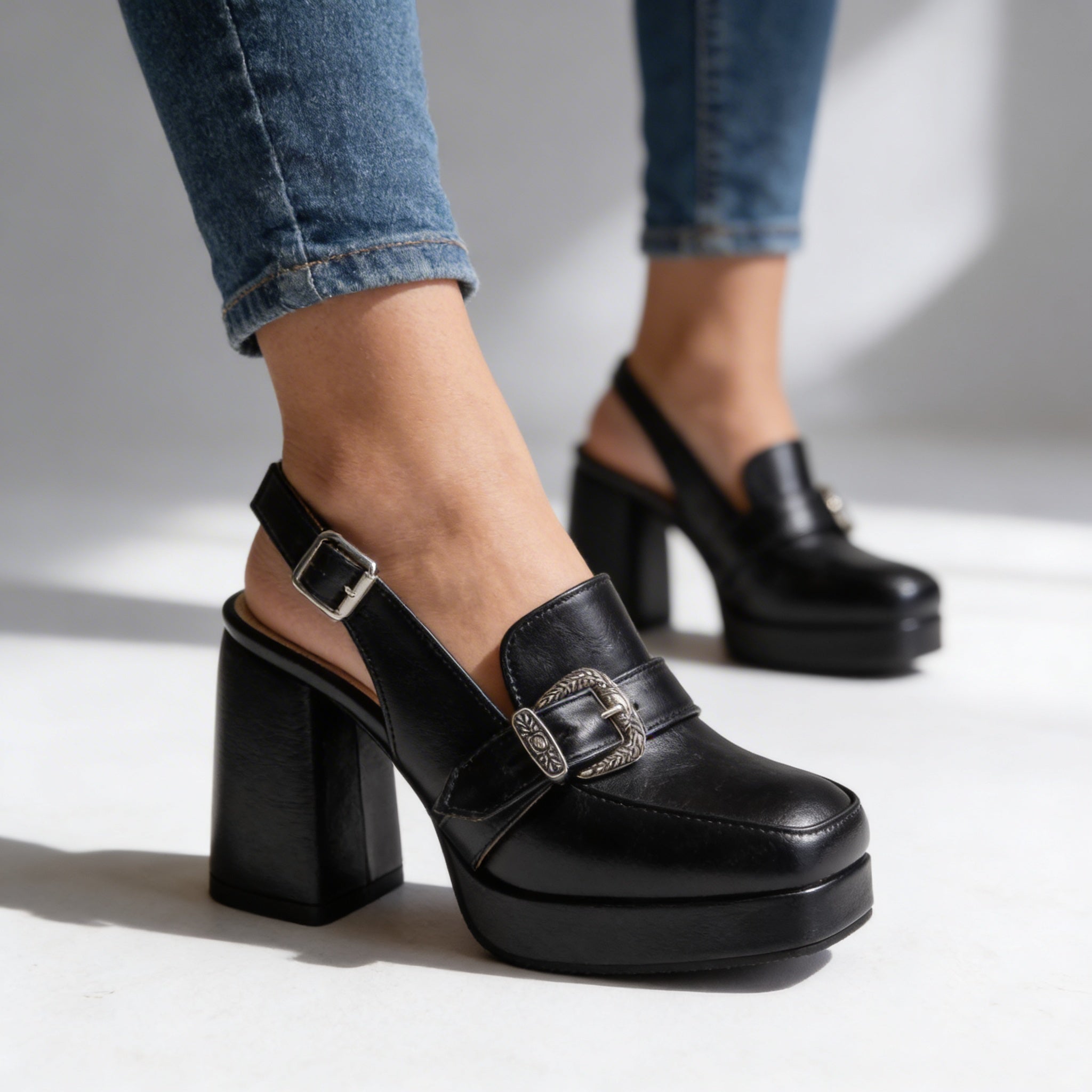 Women's Elegant Leather Platform Loafers | Chic Slingback Block Heel Shoes 5