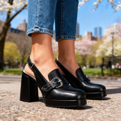 Women's Elegant Leather Platform Loafers | Chic Slingback Block Heel Shoes 8