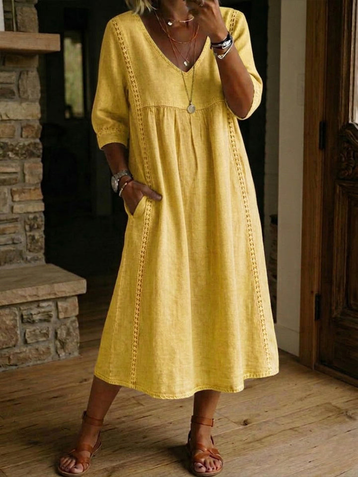 Women's Elegant Linen Cotton Midi Dress | Flattering V-Neck with Lace Details for Summer 0