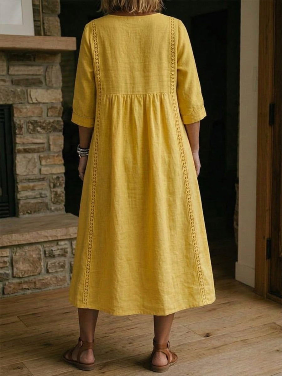 Women's Elegant Linen Cotton Midi Dress | Flattering V-Neck with Lace Details for Summer 1
