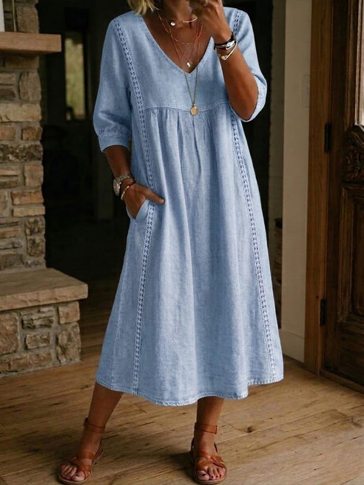 Women's Elegant Linen Cotton Midi Dress | Flattering V-Neck with Lace Details for Summer 2