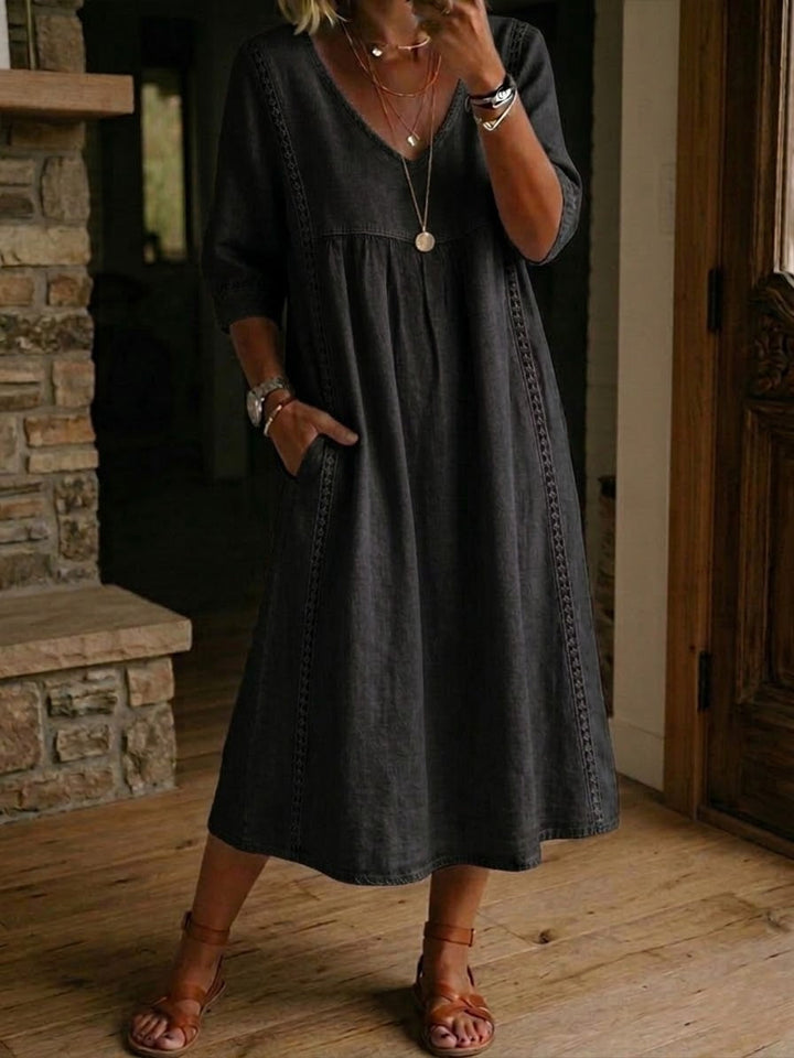 Women's Elegant Linen Cotton Midi Dress | Flattering V-Neck with Lace Details for Summer 3