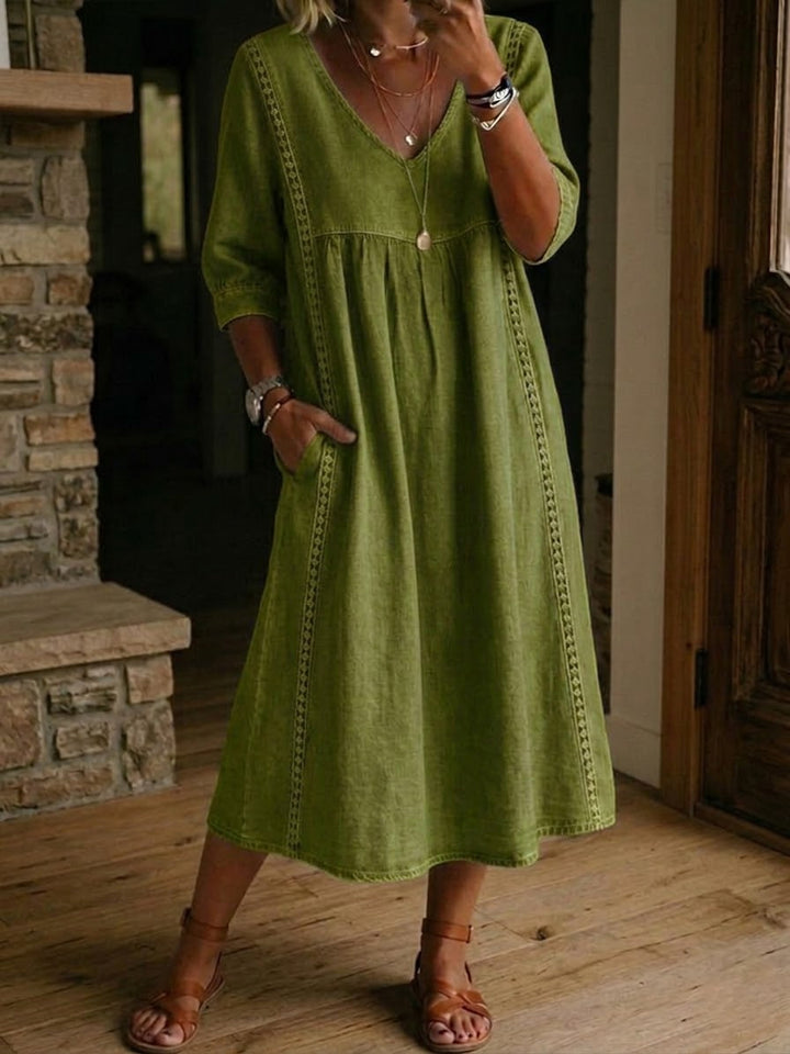 Women's Elegant Linen Cotton Midi Dress | Flattering V-Neck with Lace Details for Summer 4
