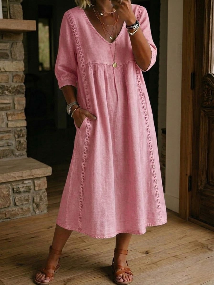 Women's Elegant Linen Cotton Midi Dress | Flattering V-Neck with Lace Details for Summer 5