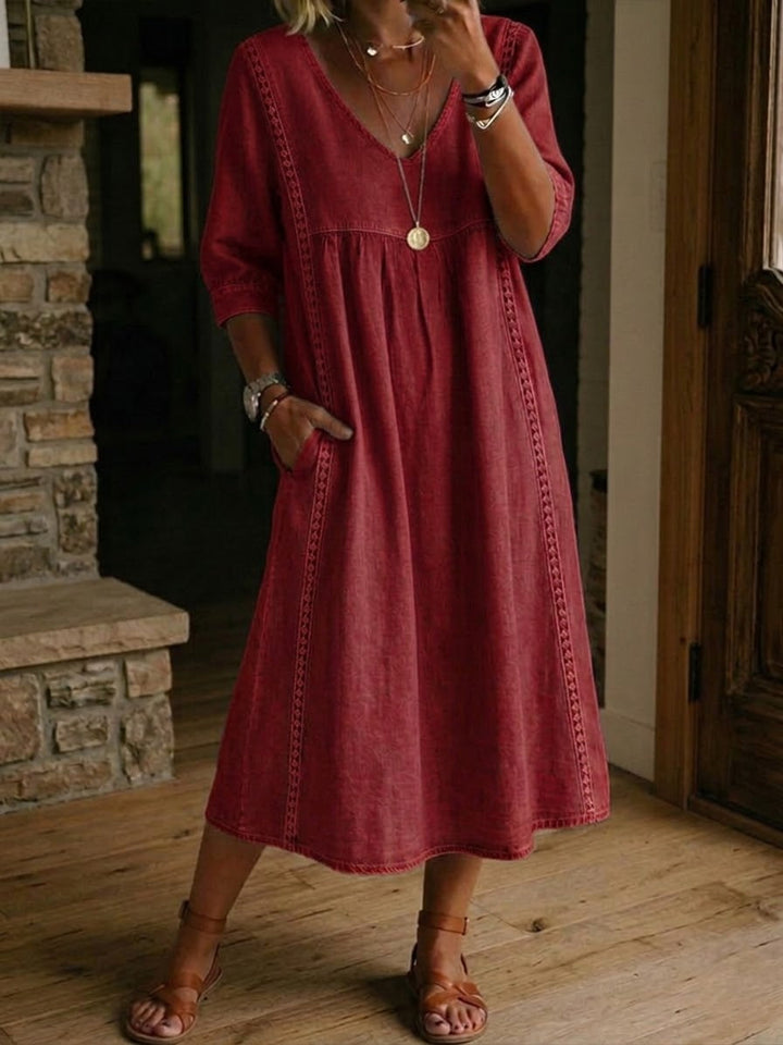 Women's Elegant Linen Cotton Midi Dress | Flattering V-Neck with Lace Details for Summer 6