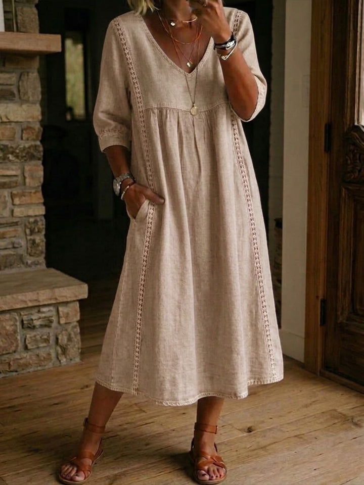 Women's Elegant Linen Cotton Midi Dress | Flattering V-Neck with Lace Details for Summer 7