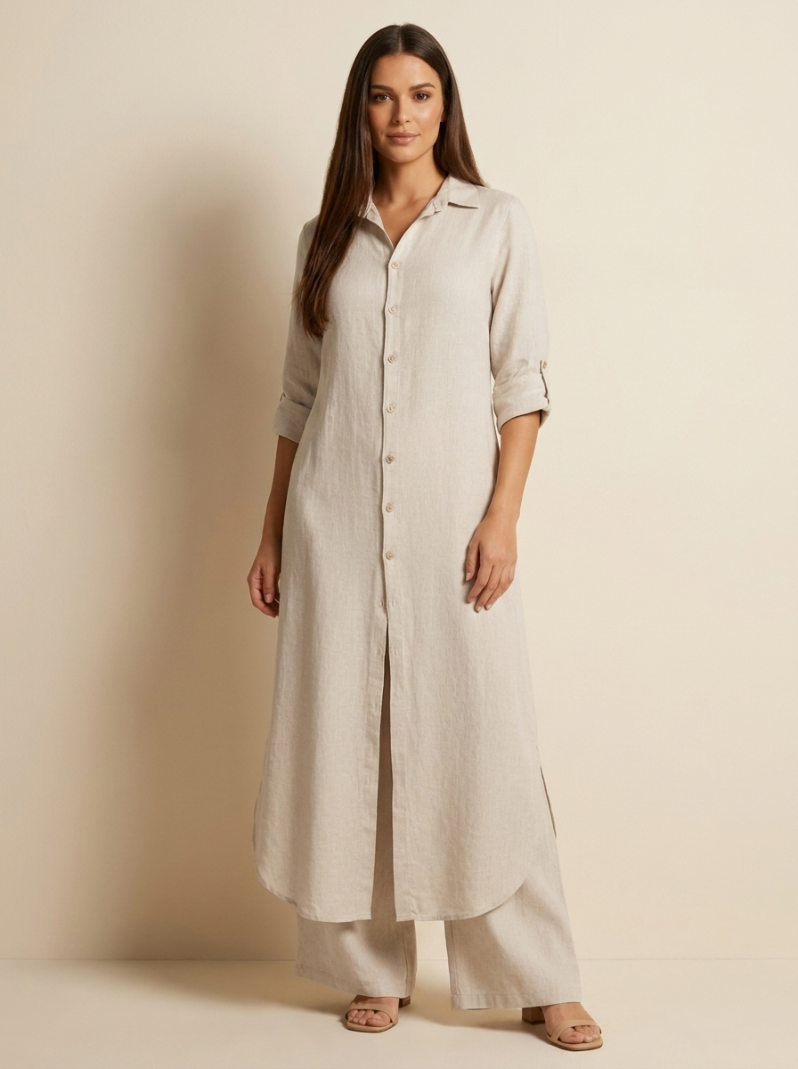 Women's Elegant Linen Two-Piece Set | Stylish Long Blouse and Wide Trousers 0