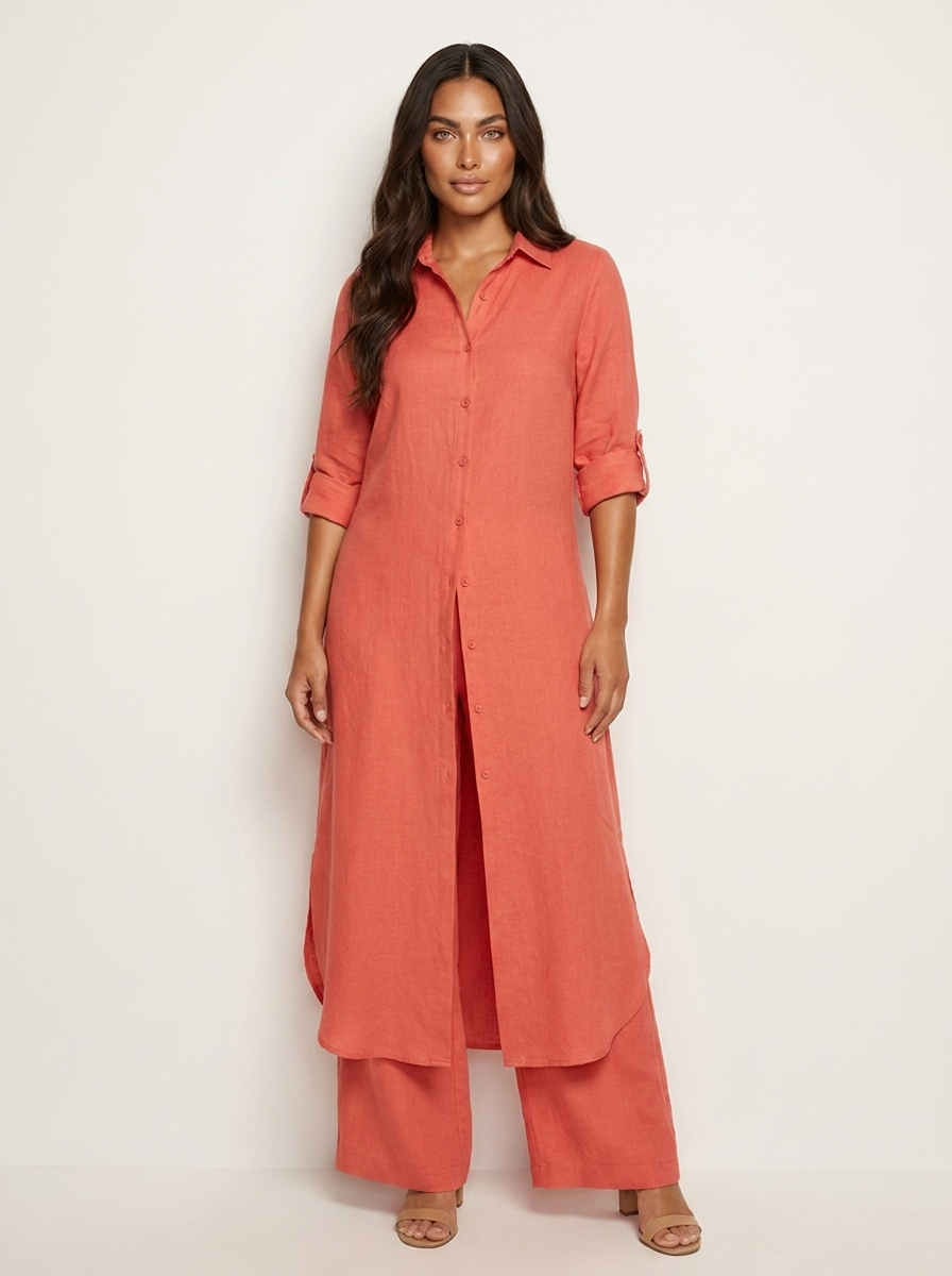 Women's Elegant Linen Two-Piece Set | Stylish Long Blouse and Wide Trousers 1