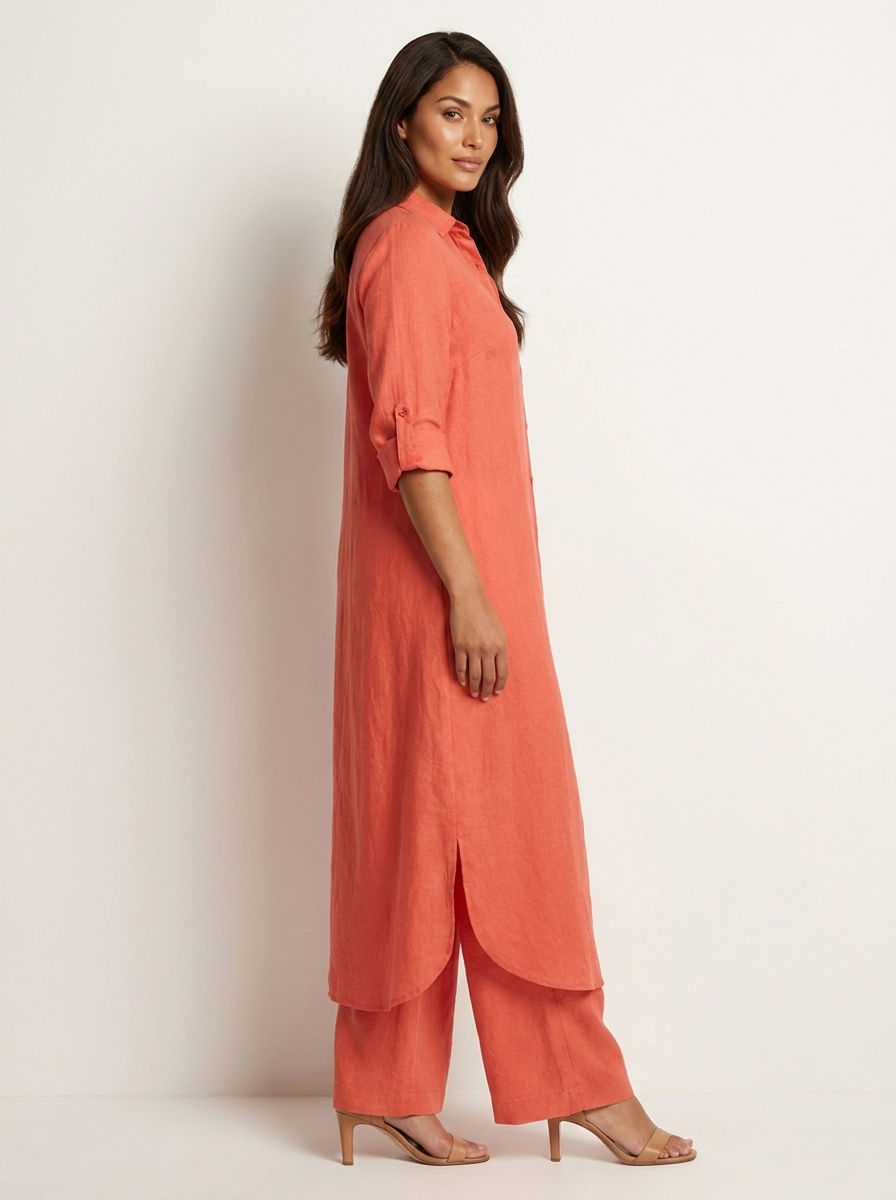 Women's Elegant Linen Two-Piece Set | Stylish Long Blouse and Wide Trousers 2