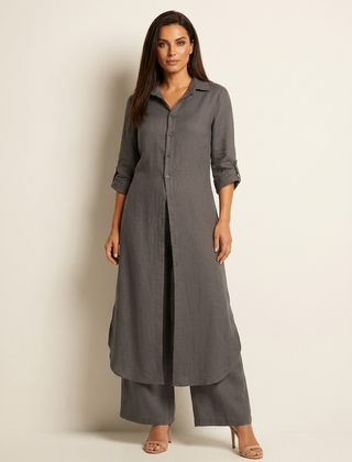 Women's Elegant Linen Two-Piece Set | Stylish Long Blouse and Wide Trousers 3