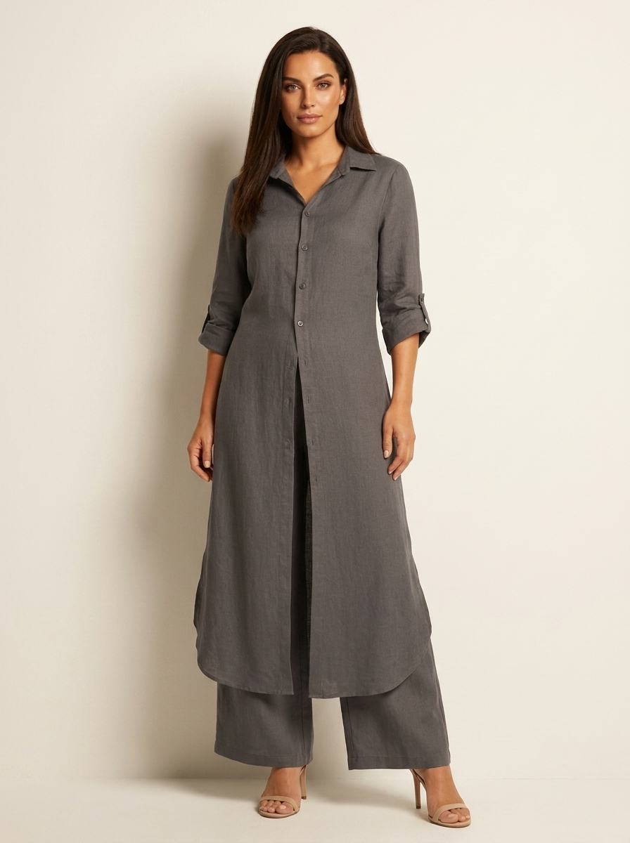 Women's Elegant Linen Two-Piece Set | Stylish Long Blouse and Wide Trousers 3