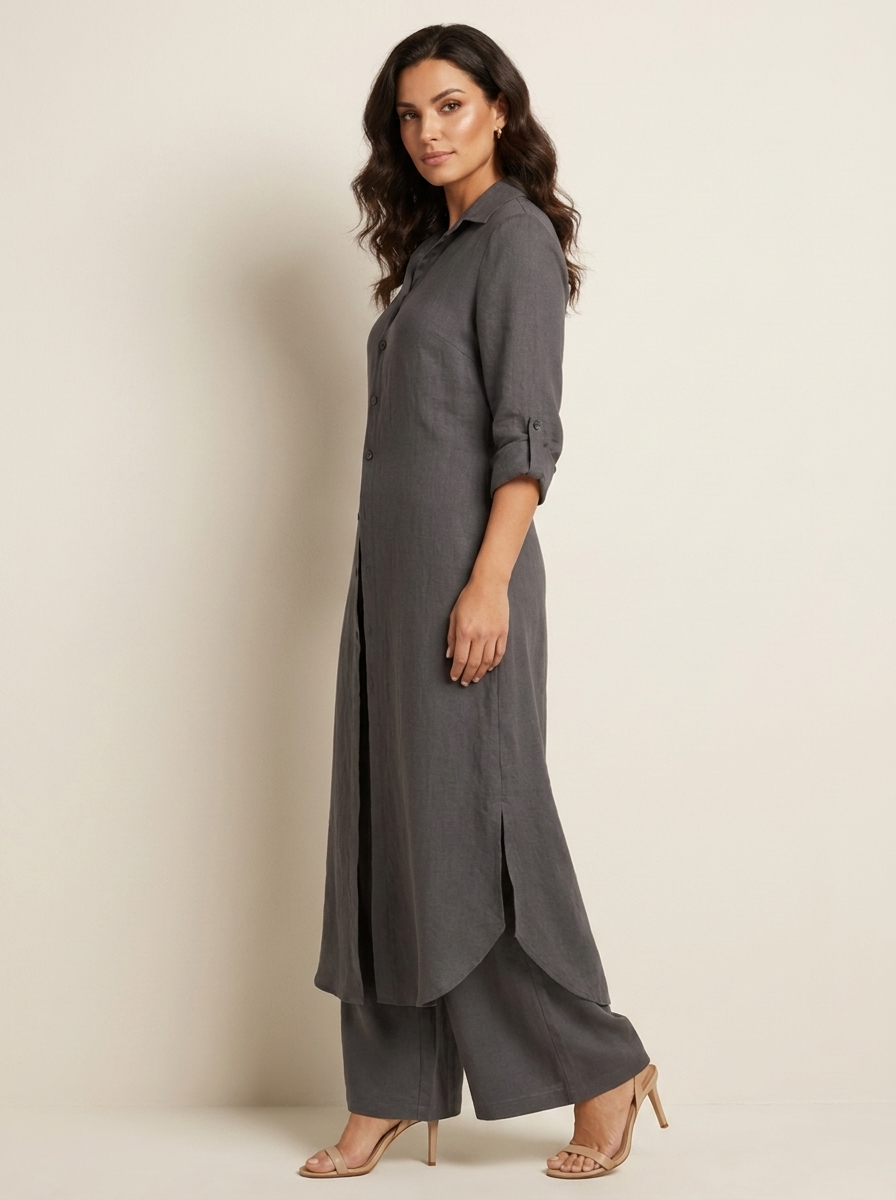 Women's Elegant Linen Two-Piece Set | Stylish Long Blouse and Wide Trousers 4