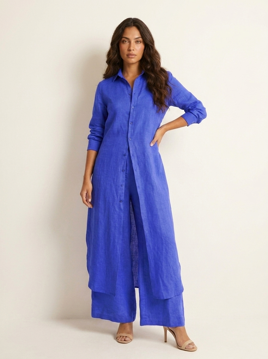 Women's Elegant Linen Two-Piece Set | Stylish Long Blouse and Wide Trousers 5