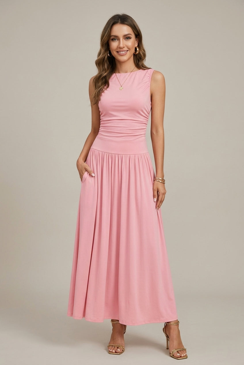Women's Elegant Maxi Dress | Sleeveless Ruched Waist with Pockets for Summer 0