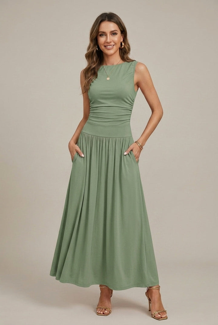 Women's Elegant Maxi Dress | Sleeveless Ruched Waist with Pockets for Summer 2