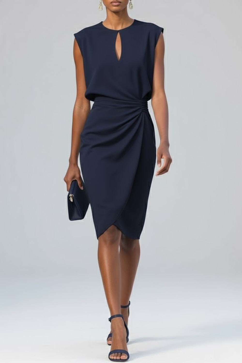 Women's Elegant Midi Cocktail Dress | Keyhole Neckline with Ruched Waist | Timeless Sophisticated Style 1
