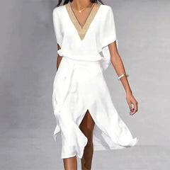 Women's Elegant Midi Dress | Draped Sleeve Wrap Hem Cocktail Dress 0