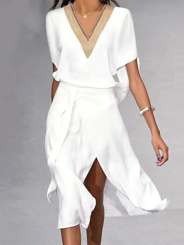 Women's Elegant Midi Dress | Draped Sleeve Wrap Hem Cocktail Dress 1