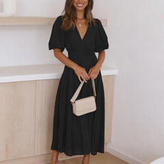 Women's Elegant Midi Dress | Puff Sleeve Tiered Hem Cocktail Dress 0