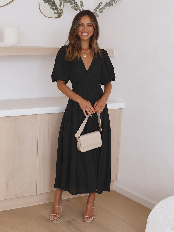 Women's Elegant Midi Dress | Puff Sleeve Tiered Hem Cocktail Dress 0