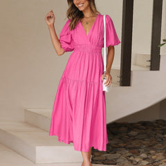 Women's Elegant Midi Dress | Puff Sleeve Tiered Hem Cocktail Dress 1
