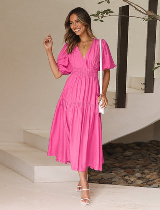 Women's Elegant Midi Dress | Puff Sleeve Tiered Hem Cocktail Dress 1