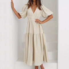 Women's Elegant Midi Dress | Puff Sleeve Tiered Hem Cocktail Dress 2