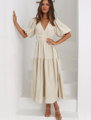 Women's Elegant Midi Dress | Puff Sleeve Tiered Hem Cocktail Dress 2
