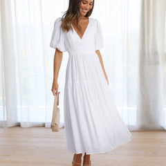 Women's Elegant Midi Dress | Puff Sleeve Tiered Hem Cocktail Dress 3