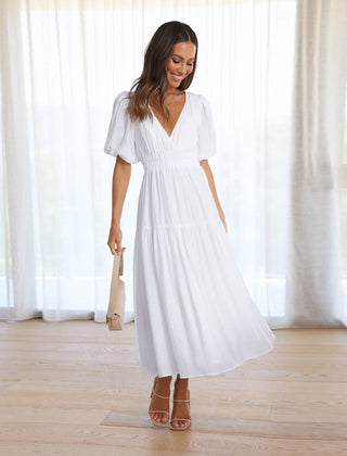 Women's Elegant Midi Dress | Puff Sleeve Tiered Hem Cocktail Dress 3