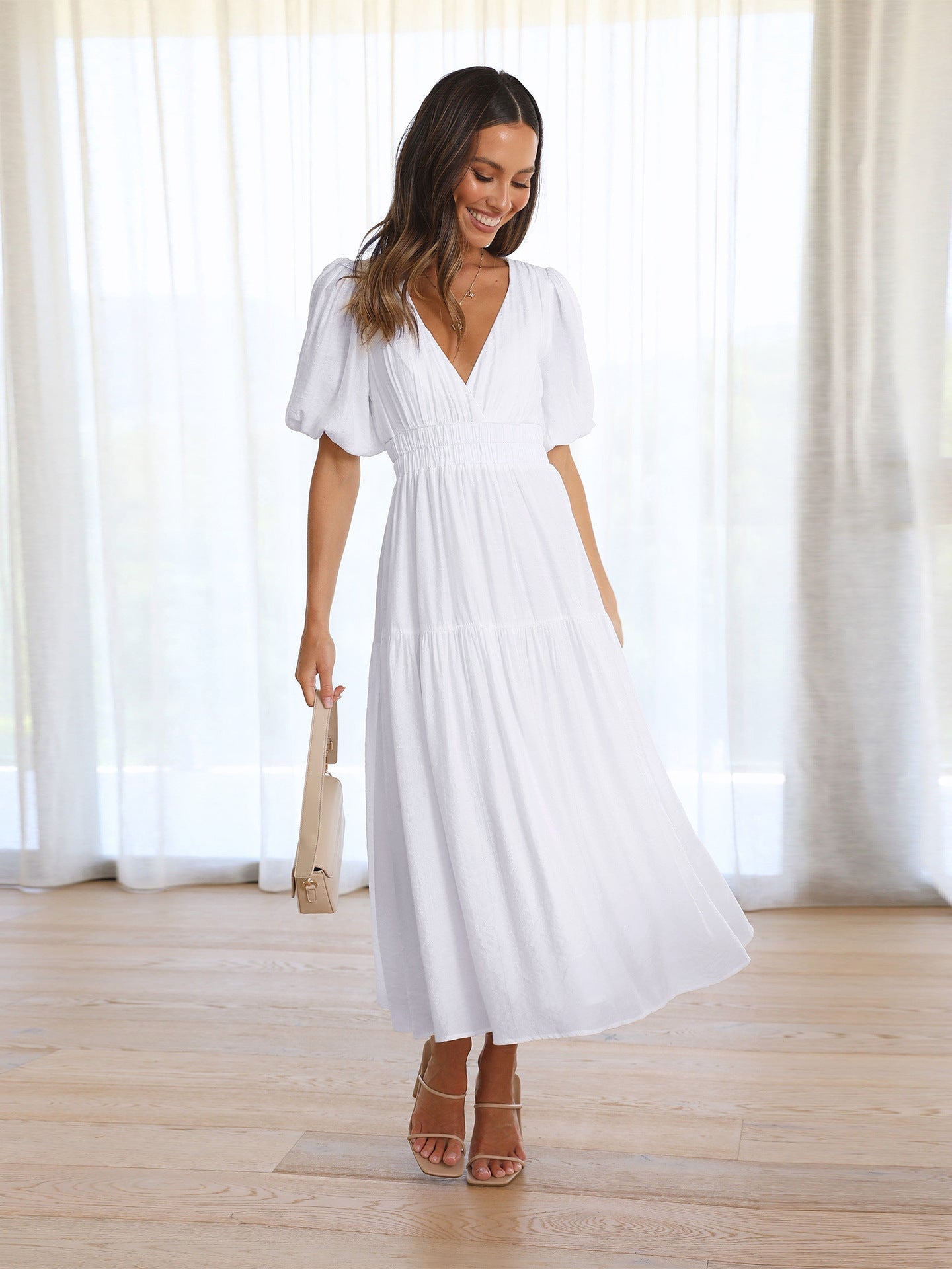 Women's Elegant Midi Dress | Puff Sleeve Tiered Hem Cocktail Dress 3