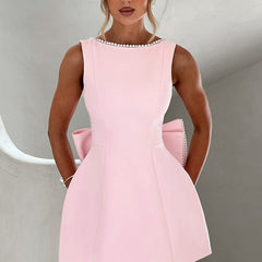 Women's Elegant Mini Dress with Pearl Trim | Chic Bow Back Cocktail Dress for Special Occasions 0