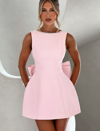 Women's Elegant Mini Dress with Pearl Trim | Chic Bow Back Cocktail Dress for Special Occasions 0