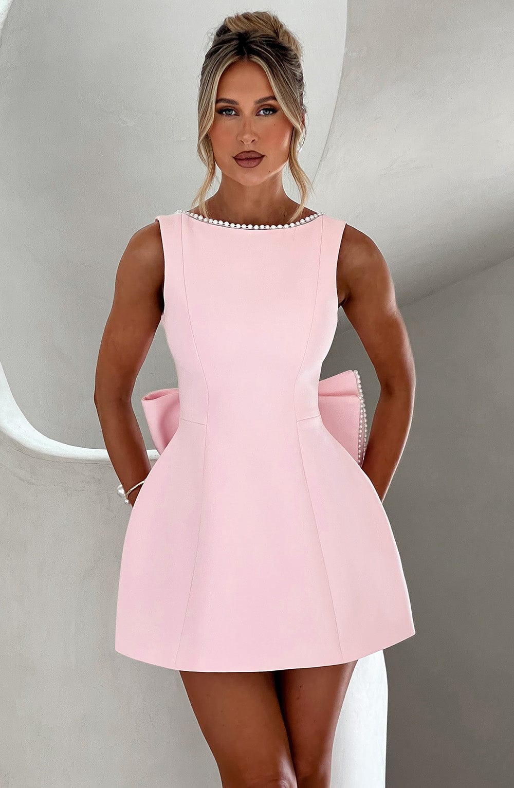 Women's Elegant Mini Dress with Pearl Trim | Chic Bow Back Cocktail Dress for Special Occasions 0
