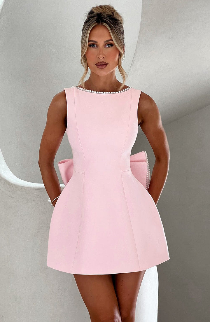 Women's Elegant Mini Dress with Pearl Trim | Chic Bow Back Cocktail Dress for Special Occasions 0