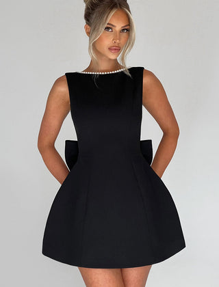 Women's Elegant Mini Dress with Pearl Trim | Chic Bow Back Cocktail Dress for Special Occasions 1