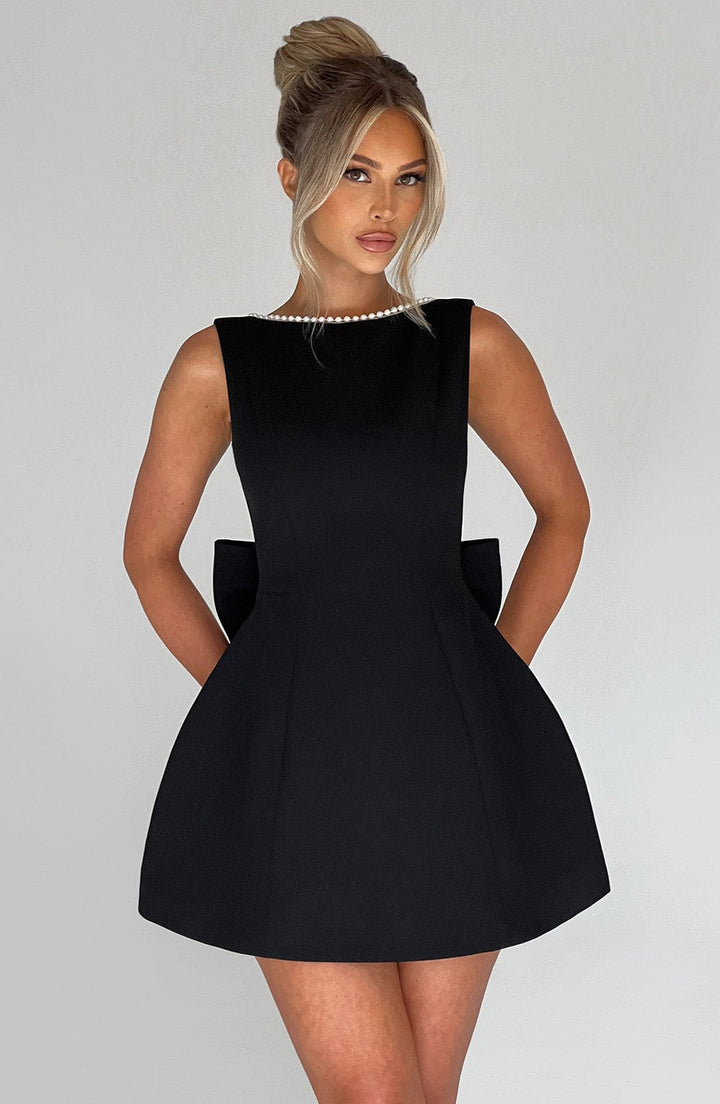 Women's Elegant Mini Dress with Pearl Trim | Chic Bow Back Cocktail Dress for Special Occasions 1
