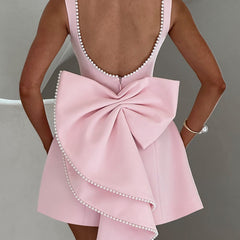 Women's Elegant Mini Dress with Pearl Trim | Chic Bow Back Cocktail Dress for Special Occasions 4