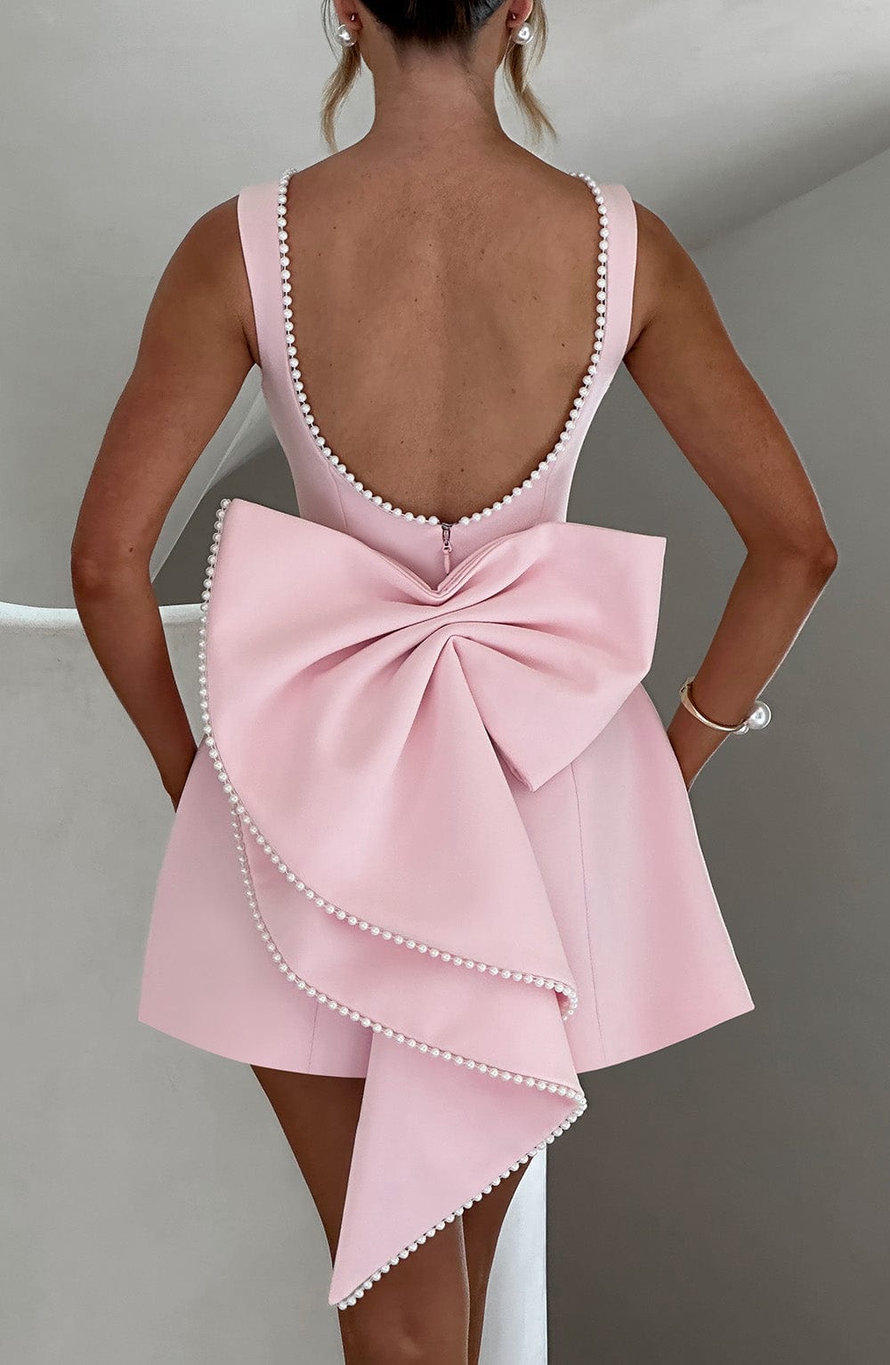 Women's Elegant Mini Dress with Pearl Trim | Chic Bow Back Cocktail Dress for Special Occasions 4