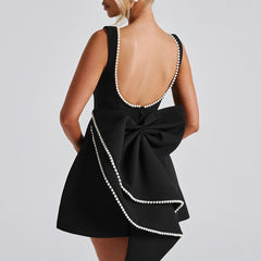 Women's Elegant Mini Dress with Pearl Trim | Chic Bow Back Cocktail Dress for Special Occasions 5