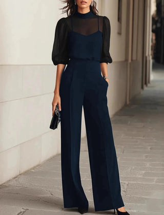 Women's Elegant Patchwork Jumpsuit | Sophisticated Long Sleeve Wide Leg Design 0