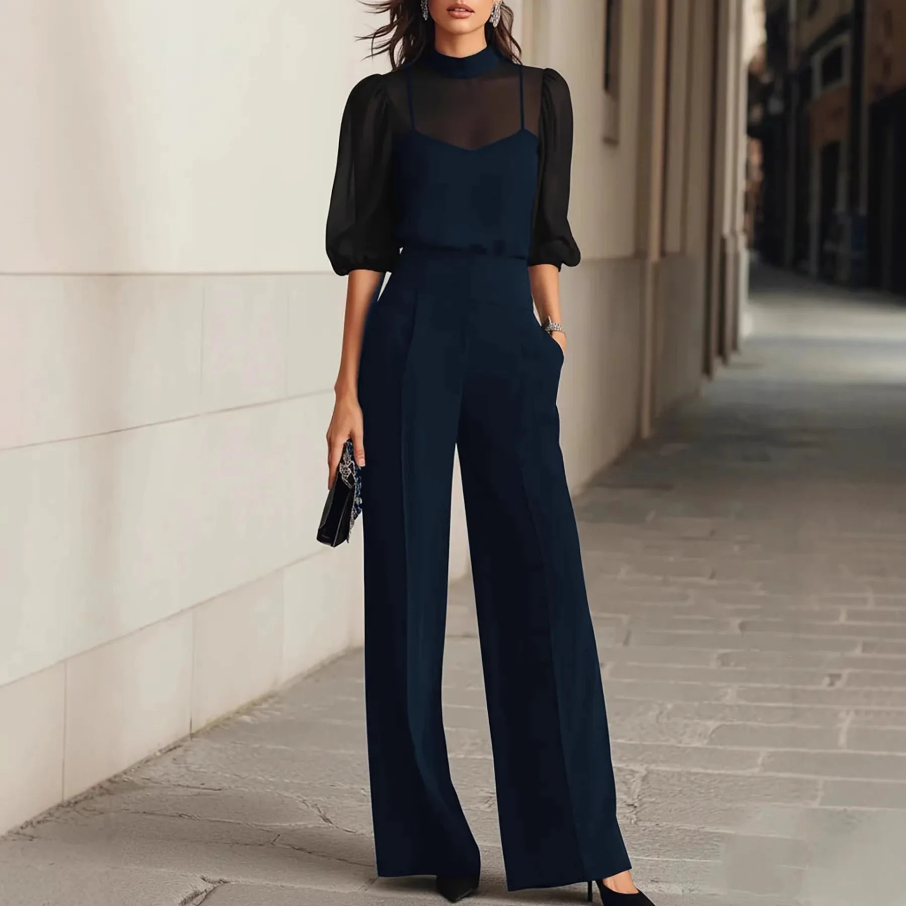 Women's Elegant Patchwork Jumpsuit | Sophisticated Long Sleeve Wide Leg Design 0
